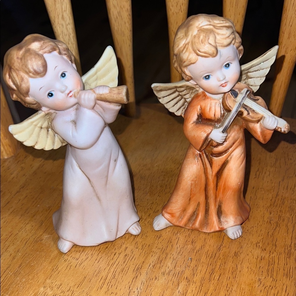Homco Angel Figurines Musical Instruments Violin Flute Mandolin 2 Pair 6"